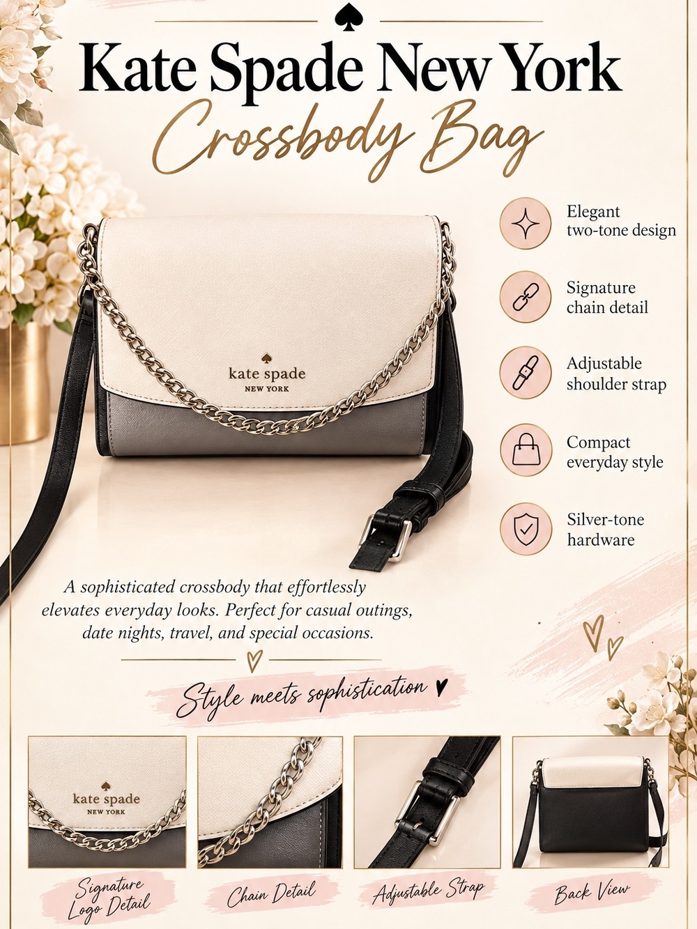 kate spade White and Gray Crossbody Bag with Black Strap
